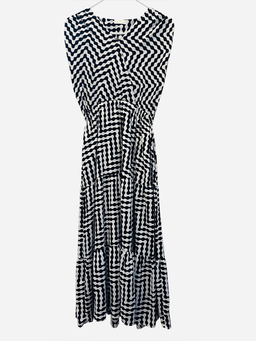 Korean Fashion Black & White V-Neck Zigzag Sleeveless Maxi Dress M/L Abstract